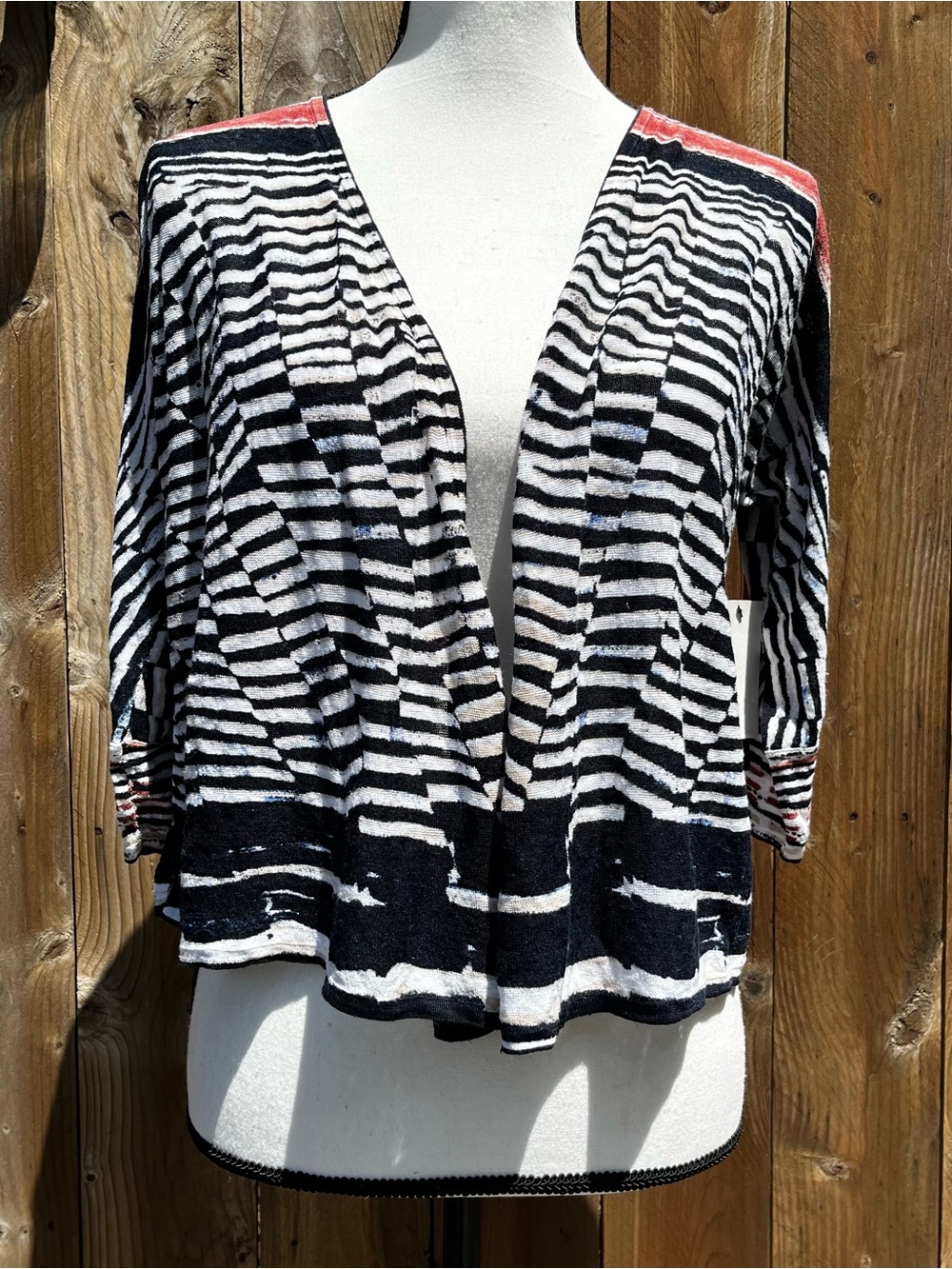 Brand New NIC+ZOE Hand Printed Black & White Striped Open-Front Linen Cardigan